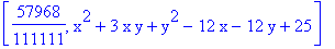 [57968/111111, x^2+3*x*y+y^2-12*x-12*y+25]